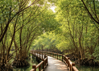 Pemandangan asri di Wisata Mangrove Belawan yang menawarkan jalur trekking nyaman di bawah rimbunnya hutan bakau.