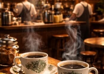 Suasana otentik kedai kopi di Medan yang menyajikan kopi khas Sumatera dengan aroma yang kuat
