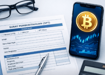 Visualisasi aturan Pajak Kripto di Indonesia yang menggabungkan instrumen keuangan digital dengan kewajiban pelaporan pajak.