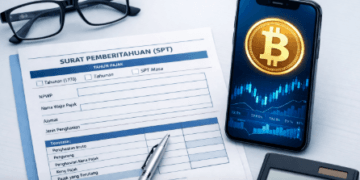 Visualisasi aturan Pajak Kripto di Indonesia yang menggabungkan instrumen keuangan digital dengan kewajiban pelaporan pajak.