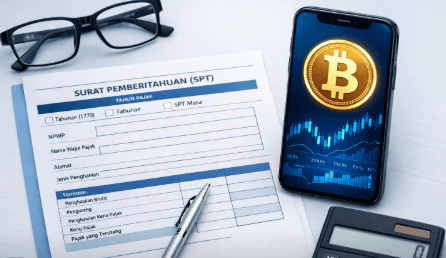 Visualisasi aturan Pajak Kripto di Indonesia yang menggabungkan instrumen keuangan digital dengan kewajiban pelaporan pajak.