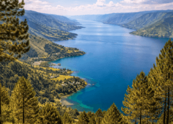 Keindahan Destinasi Alam Sumatera Utara yang mempesona dengan latar belakang Danau Toba dan perbukitan hijau.