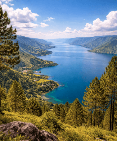 Keindahan Destinasi Alam Sumatera Utara yang mempesona dengan latar belakang Danau Toba dan perbukitan hijau.
