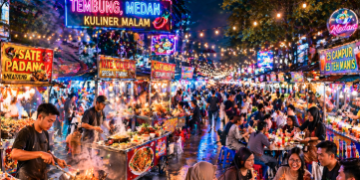 Suasana ramai pusat Wisata Tembung Medan yang penuh dengan pedagang kuliner malam.