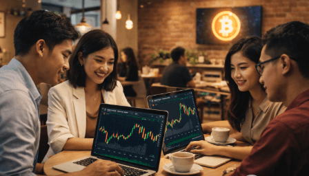 Aktivitas komunitas Bitcoin di Medan yang sedang melakukan edukasi mengenai pergerakan pasar aset digital di sebuah pusat keramaian.