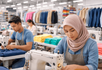 Suasana produksi yang profesional dan cepat di salah satu pusat jasa konveksi di Medan.