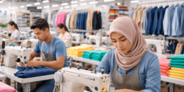 Suasana produksi yang profesional dan cepat di salah satu pusat jasa konveksi di Medan.