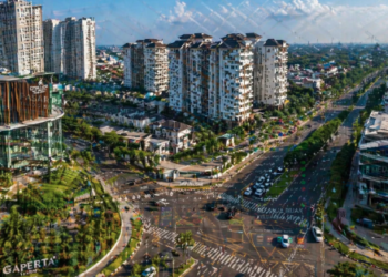 Pemandangan udara perkembangan infrastruktur di kawasan Kota Ujung Gaperta Medan.