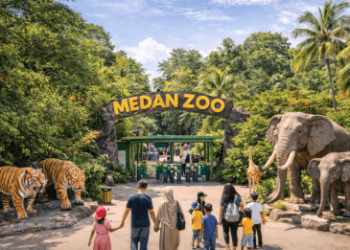 Gerbang masuk utama Kebun Binatang di Medan (Medan Zoo) yang menjadi destinasi favorit wisata keluarga.
