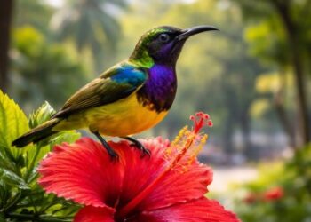 Seekor Burung Indah di Medan berjenis Burung Madu sedang menghisap nektar bunga tropis.