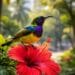 Seekor Burung Indah di Medan berjenis Burung Madu sedang menghisap nektar bunga tropis.