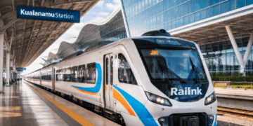 Kereta api bandara Railink di stasiun keberangkatan menuju Bandara Kualanamu