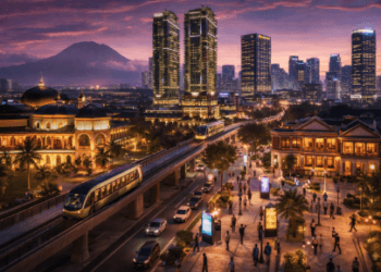 Pemandangan panorama kota Medan pada tahun 2026 yang memperlihatkan perpaduan harmonis antara arsitektur sejarah yang ikonik, gedung pencakar langit modern yang hijau, dan sistem transportasi publik yang canggih saat senja.