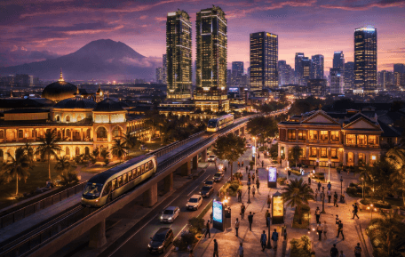 Pemandangan panorama kota Medan pada tahun 2026 yang memperlihatkan perpaduan harmonis antara arsitektur sejarah yang ikonik, gedung pencakar langit modern yang hijau, dan sistem transportasi publik yang canggih saat senja.