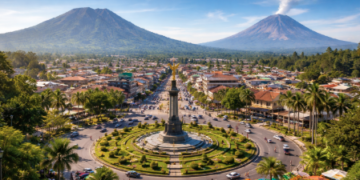 Pemandangan indah kota Wisata Berastagi dengan latar belakang Gunung Sibayak dan Sinabung.