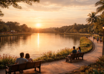 Pemandangan tenang di area Wisata Danau Lagunan Martubung saat matahari terbenam.