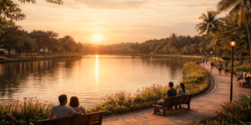 Pemandangan tenang di area Wisata Danau Lagunan Martubung saat matahari terbenam.