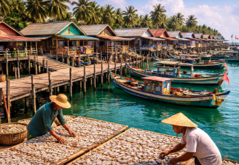 Suasana pemukiman tradisional di Kampung Nelayan dengan deretan perahu kayu yang bersandar.