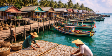 Suasana pemukiman tradisional di Kampung Nelayan dengan deretan perahu kayu yang bersandar.