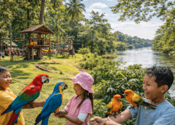 Keseruan interaksi burung dan kegiatan luar ruangan di Taman Edukasi Avros Medan, tempat wisata hits keluarga.