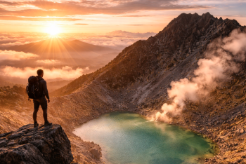 Pemandangan matahari terbit yang memukau dari puncak kawah Gunung Sibayak Berastagi.