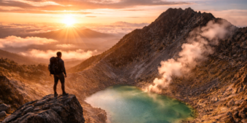 Pemandangan matahari terbit yang memukau dari puncak kawah Gunung Sibayak Berastagi.