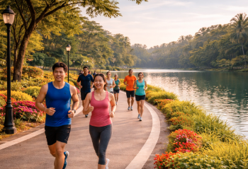 Warga sedang lari pagi memanfaatkan fasilitas Jogging Track Danau Martubung.