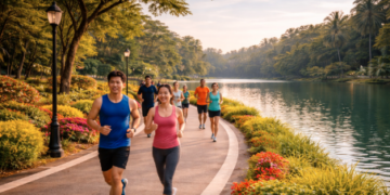 Warga sedang lari pagi memanfaatkan fasilitas Jogging Track Danau Martubung.