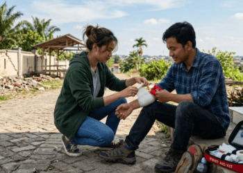 Melakukan prosedur medis awal sesuai panduan P3K dasar pasca gempa bumi untuk membantu anggota keluarga yang mengalami cidera ringan.