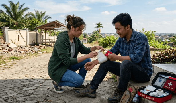 Melakukan prosedur medis awal sesuai panduan P3K dasar pasca gempa bumi untuk membantu anggota keluarga yang mengalami cidera ringan.