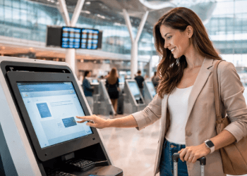 Penumpang sedang menggunakan fasilitas mesin check-in mandiri di terminal keberangkatan Bandara Kualanamu