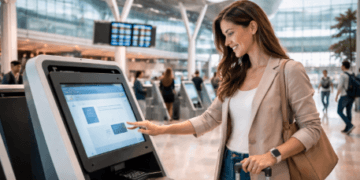 Penumpang sedang menggunakan fasilitas mesin check-in mandiri di terminal keberangkatan Bandara Kualanamu