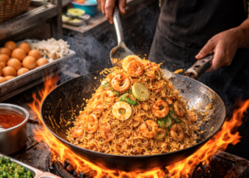 Proses memasak Mie Balap Medan yang sangat cepat dengan api besar dan bahan seafood segar.
