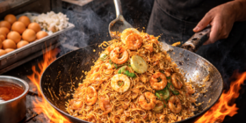 Proses memasak Mie Balap Medan yang sangat cepat dengan api besar dan bahan seafood segar.