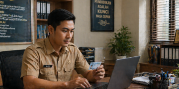 Foto guru muda memasukkan data KTP ke dalam laptop untuk validasi sistem administrasi pendidikan nasional,