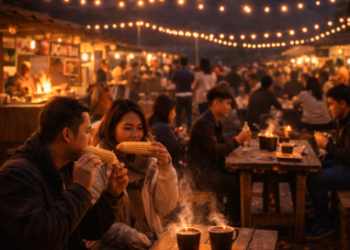 Suasana hangat para wisatawan yang menikmati kuliner malam di pusat Wisata Malam Berastagi.