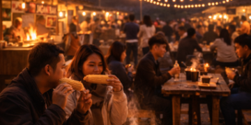 Suasana hangat para wisatawan yang menikmati kuliner malam di pusat Wisata Malam Berastagi.