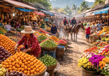 Suasana ramai dan penuh warna di pusat perbelanjaan Pasar Buah Berastagi yang ikonik.
