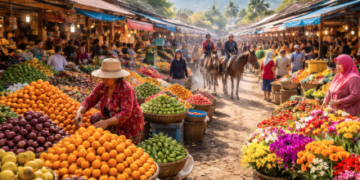 Suasana ramai dan penuh warna di pusat perbelanjaan Pasar Buah Berastagi yang ikonik.