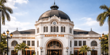 Arsitektur klasik Wisata Kantor Pos Medan yang menjadi ikon titik nol kilometer Kota Medan.