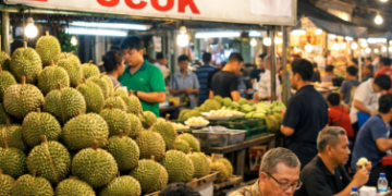 Tumpukan buah segar di gerai Durian Ucok Medan yang selalu ramai dikunjungi wisatawan.