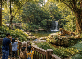 Harimau Sumatera yang gagah di dalam area konservasi Medan Zoo Simalingkar, destinasi wisata satwa utama di Medan.