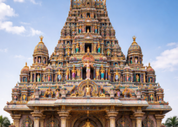 Tampilan megah Graha Maria Annai Velangkanni yang memiliki arsitektur unik menyerupai kuil India.