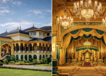 Fasad depan Istana Maimun yang berwarna kuning khas Melayu sebagai peninggalan Kesultanan Deli.