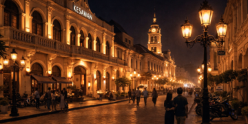 Pemandangan malam hari di Kawasan Kesawan Medan yang menampilkan jajaran gedung bersejarah.