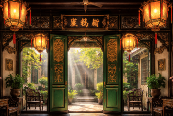 Bagian depan Tjong A Fie Mansion yang menampilkan arsitektur khas Tiongkok klasik di kawasan Kesawan.