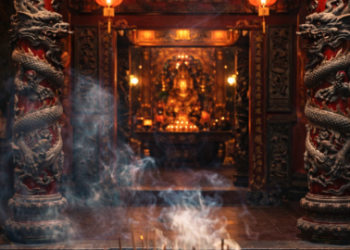 Detail ukiran naga pada pilar merah di Vihara Setia Budi Medan yang sangat ikonik.