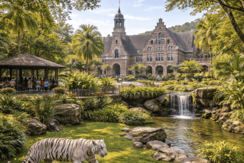 Harimau putih yang gagah di dalam area konservasi Taman Hewan Pematang Siantar, kebun binatang terbaik di Sumatera Utara.