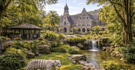 Harimau putih yang gagah di dalam area konservasi Taman Hewan Pematang Siantar, kebun binatang terbaik di Sumatera Utara.