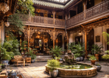 Arsitektur megah Wisata Tjong A Fie Mansion yang memadukan unsur Tionghoa, Melayu, dan Eropa secara harmonis.